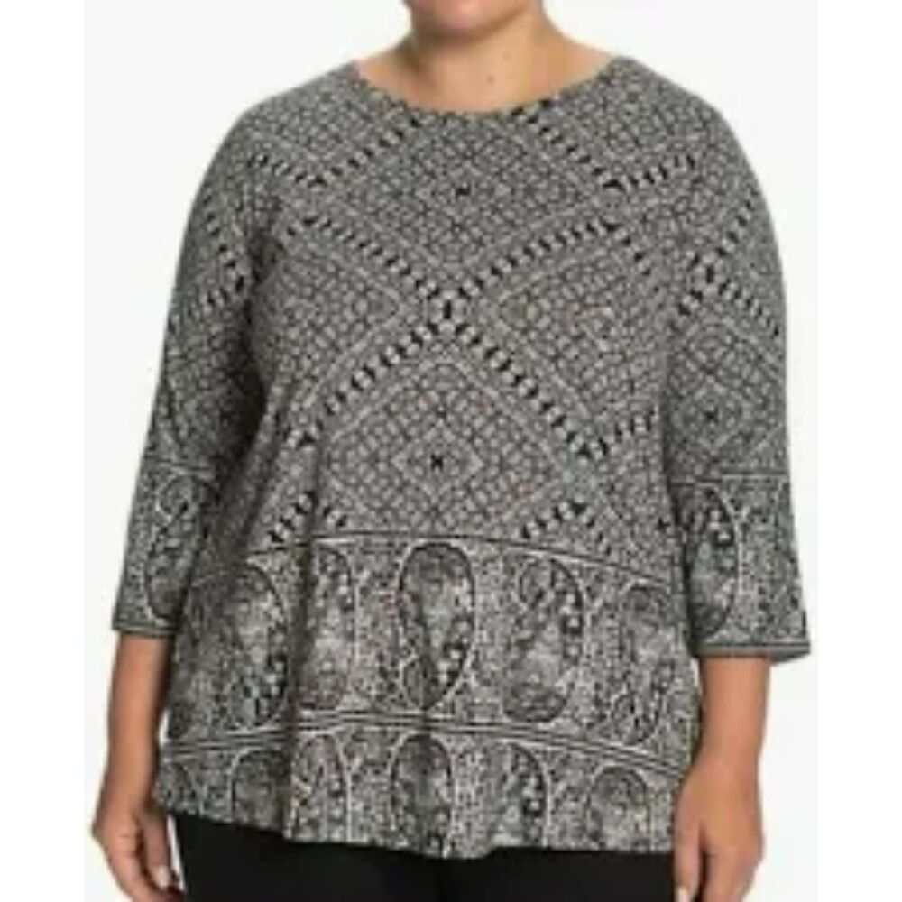 Lucky Brand Black & White Print Knit Top Shirt With 3/4 Sleeves Size 2X